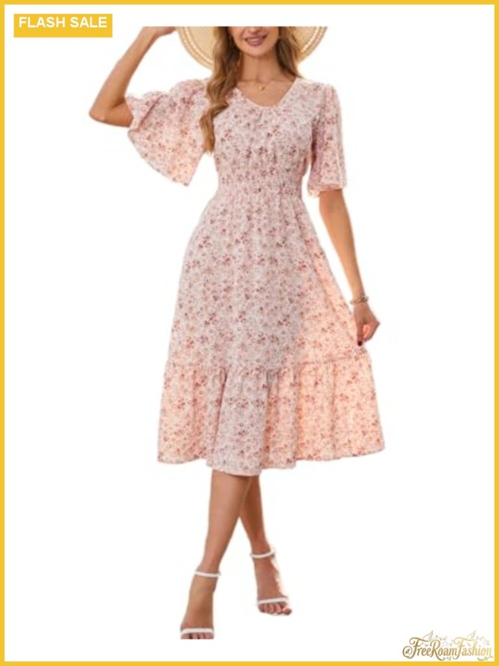 Women's Modest Floral Midi Dress with Pockets U-Neck Flutter Sleeve Boho Tiered